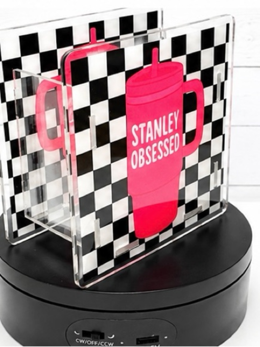 Stanley-Obsessed Pink Acrylic Pencil Holder - Checkered Desk Organizer